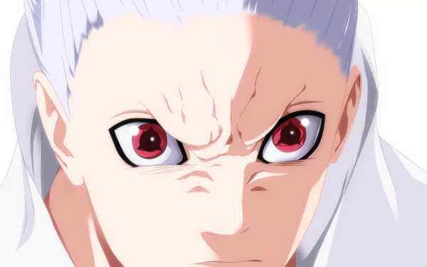 HD anime desktop wallpaper featuring a close-up of Shin Uchiha from Naruto with intense red eyes and detailed facial expression.