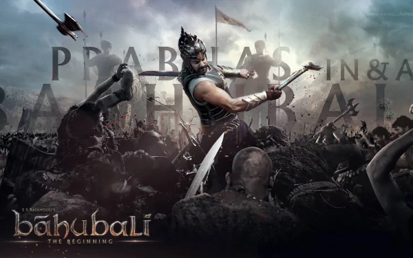 HD PC desktop wallpaper featuring Prabhas in an intense battle scene from the movie Baahubali: The Beginning.
