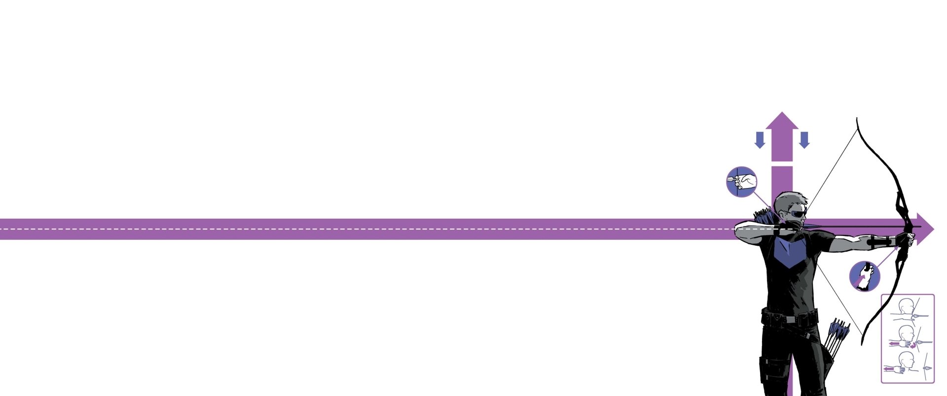 Comic Hawkeye stands at the right, aiming an arrow along a long purple stripe across a white 2K Quad HD PC desktop wallpaper background.