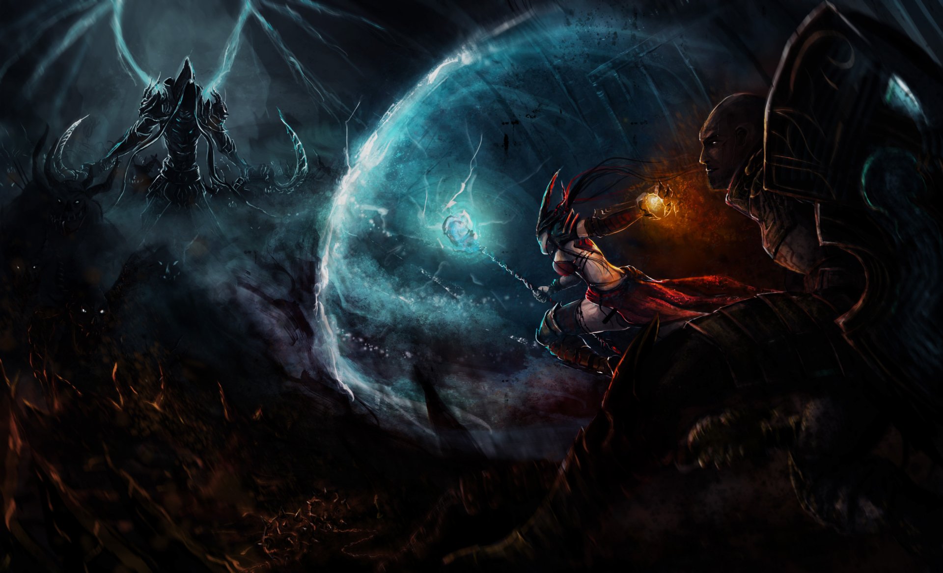 HD Diablo III: Reaper of Souls wallpaper featuring Wizard and Monk characters confronting the dark angel Malthael in an intense, mystical battle scene.