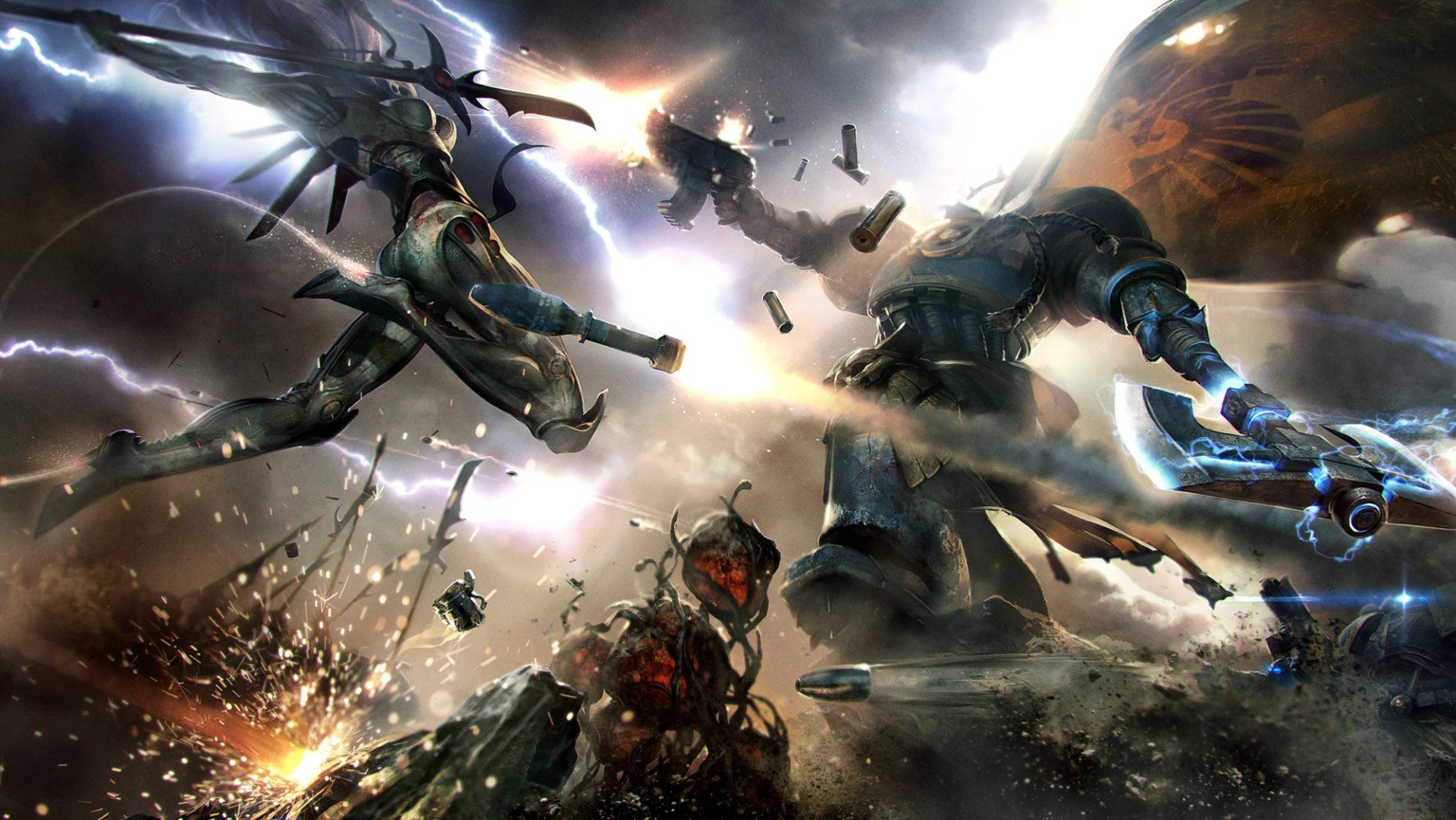 HD PC desktop wallpaper featuring an intense Warhammer 40k video game battle scene with armored warriors clashing amid explosions and lightning-filled skies.