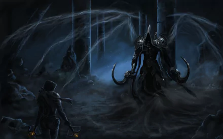 4K Ultra HD Diablo III: Reaper of Souls PC wallpaper featuring Malthael and a Demon Hunter in a dark, ominous setting from the video game.