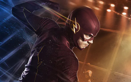 HD wallpaper of Barry Allen, portrayed by Grant Gustin, in action as The Flash from the 2014 TV show The Flash, with a dynamic background of light and shadow.