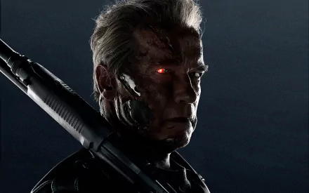 Arnold Schwarzenegger in a dramatic pose from Terminator Genisys, featuring a close-up of his character with a cyborg eye and a weapon, set against a dark background. HD wallpaper.