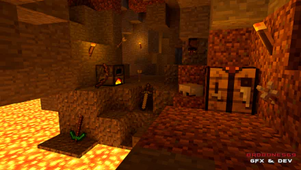 HD wallpaper image depicting a cave setting in the video game Minecraft, illuminated by torches, showcasing various items like a crafting table, furnace, and weapons, with lava flowing nearby. Text reads BADBONES69 GFX & DE.