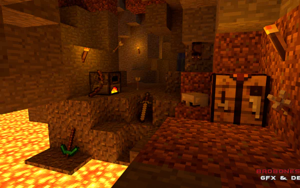 HD wallpaper image depicting a cave setting in the video game Minecraft, illuminated by torches, showcasing various items like a crafting table, furnace, and weapons, with lava flowing nearby. Text reads BADBONES69 GFX & DE.