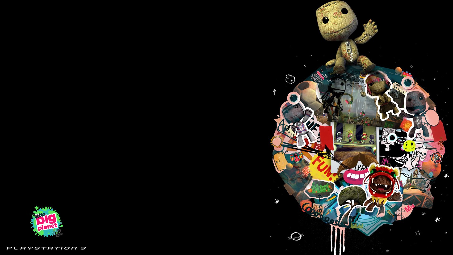 HD PC desktop wallpaper featuring the LittleBigPlanet video game character Sackboy atop a colorful, sticker-covered circular platform against a black background.