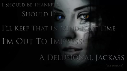 A dark, atmospheric HD wallpaper featuring a mysterious figure with striking eyes and text overlay, embodying a vampire theme and a sense of intrigue.