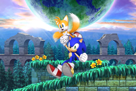 Miles Tails Prower and Sonic the Hedgehog pose in a vibrant landscape from Sonic the Hedgehog 4: Episode II in this HD PC desktop wallpaper.