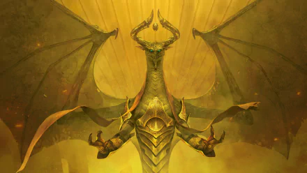 Digital HD PC wallpaper of Nicol Bolas from Magic: The Gathering — a towering, armored golden dragon-god with outstretched wings and glowing eyes looming over a sunlit ruin.