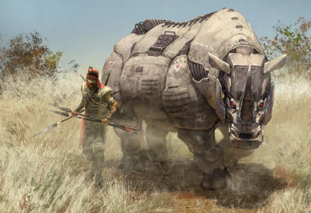 A sci-fi scene featuring a warrior guiding a robotic rhinoceros through a dusty landscape, captured as a high-definition desktop wallpaper and background.