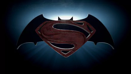 A striking HD desktop wallpaper featuring the iconic logos of Batman and Superman, representing the epic clash from the movie Batman V Superman: Dawn Of Justice.