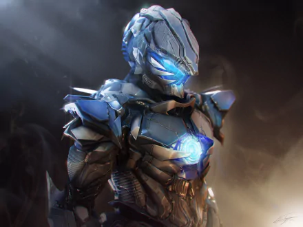 A striking sci-fi warrior stands confidently, adorned in sleek armor with glowing blue accents, set against a dramatic backdrop. This HD desktop wallpaper captures futuristic strength and valor.