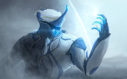 A striking HD desktop wallpaper from the video game Warframe, featuring a futuristic character with glowing blue accents, surrounded by mist and a bright backdrop.