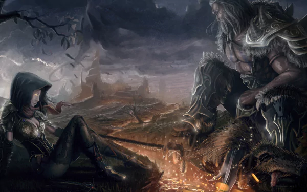 4K Ultra HD PC wallpaper: Diablo III: Reaper of Souls — Demon Hunter (Diablo III) and Barbarian (Diablo III) sit amid a stormy, scorched battlefield, cinematic video game artwork.