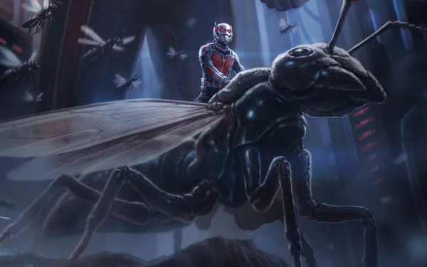 A dramatic HD wallpaper from the movie Ant-Man features the superhero riding a giant ant amidst a futuristic, insect-filled backdrop.