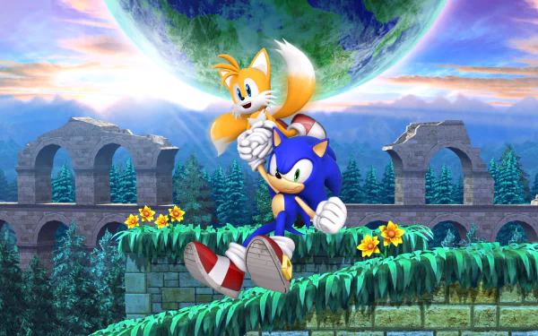 Miles Tails Prower and Sonic the Hedgehog pose in a vibrant landscape from Sonic the Hedgehog 4: Episode II in this HD PC desktop wallpaper.