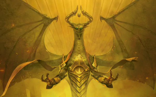 Digital HD PC wallpaper of Nicol Bolas from Magic: The Gathering — a towering, armored golden dragon-god with outstretched wings and glowing eyes looming over a sunlit ruin.