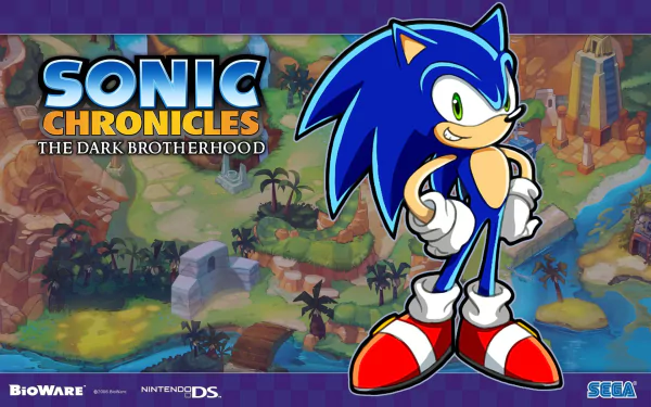 HD PC desktop wallpaper featuring Sonic the Hedgehog from the video game Sonic Chronicles: The Dark Brotherhood, showcasing Sonic with a colorful game map background.