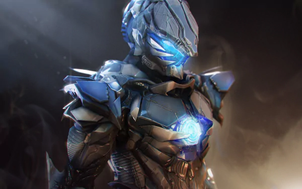 A striking sci-fi warrior stands confidently, adorned in sleek armor with glowing blue accents, set against a dramatic backdrop. This HD desktop wallpaper captures futuristic strength and valor.