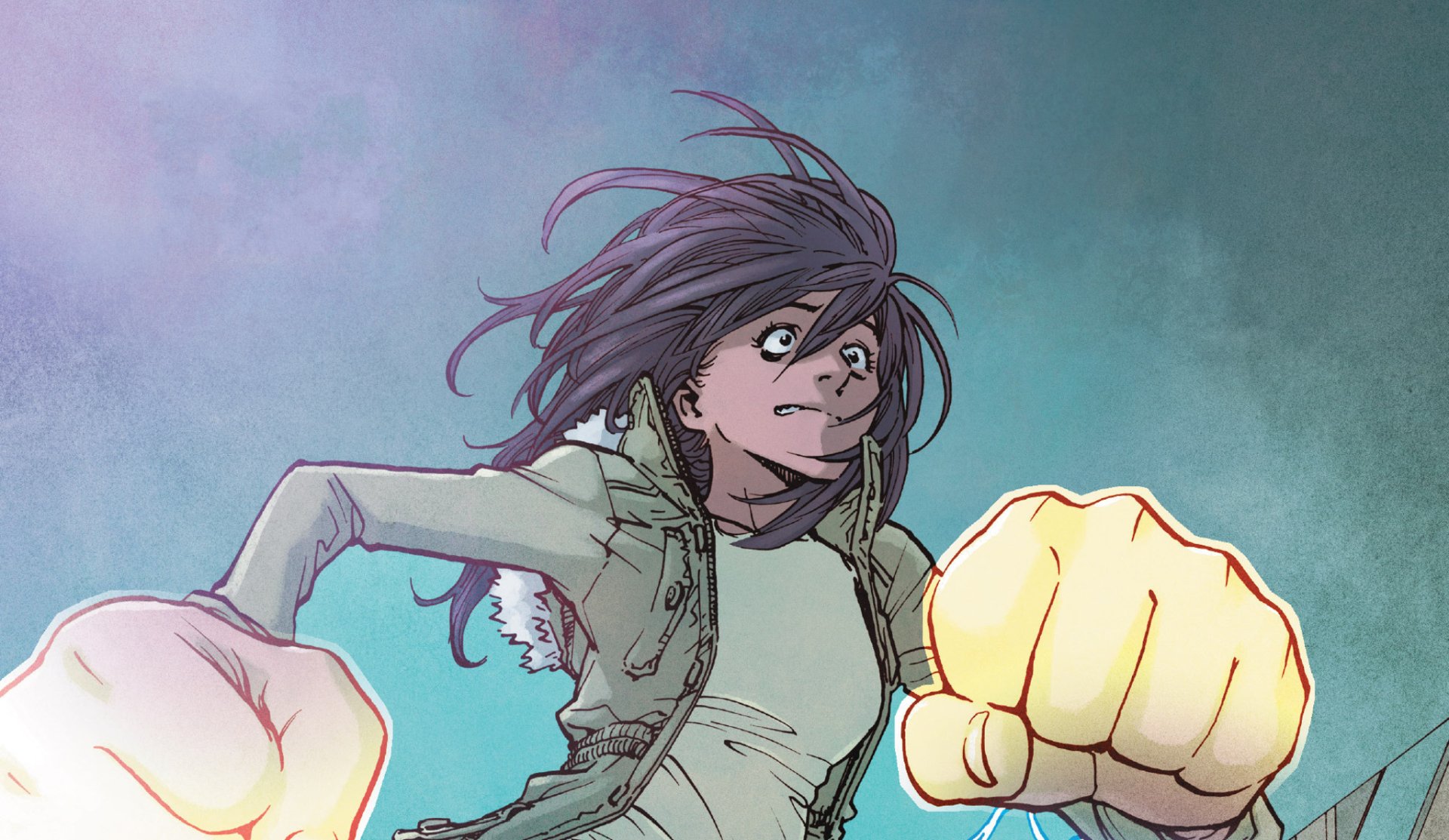 Comic Ms. Marvel HD PC desktop wallpaper: close-up of Ms. Marvel (Kamala Khan) lunging forward with glowing oversized fists against a teal-purple background.