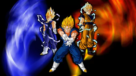 HD PC desktop wallpaper/background for the video game Dragon Ball Z: Budokai 2 — three Super Saiyans with blue and orange energy auras, center fighter firing an energy blast.