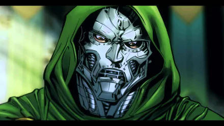 A striking HD desktop wallpaper featuring Doctor Doom, depicted in a comic style, showcasing his iconic metallic mask and green cloak against a dynamic background.