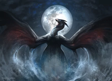 Fantasy-themed HD PC desktop wallpaper depicting a powerful dragon with spread wings emerging from mist against a glowing full moon backdrop.