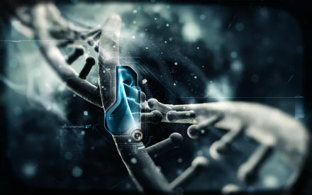 Artistic HD PC desktop wallpaper featuring a detailed DNA double helix structure with glowing blue molecular elements in a dark, science-inspired background.