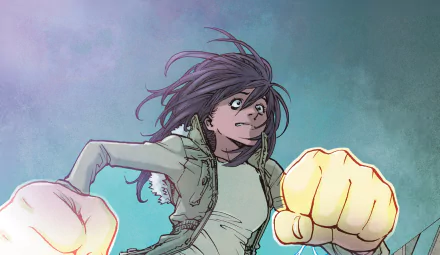 Comic Ms. Marvel HD PC desktop wallpaper: close-up of Ms. Marvel (Kamala Khan) lunging forward with glowing oversized fists against a teal-purple background.