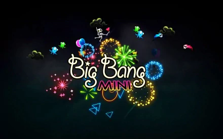 HD PC desktop wallpaper featuring colorful fireworks and playful characters from the video game Big Bang Mini against a dark background.