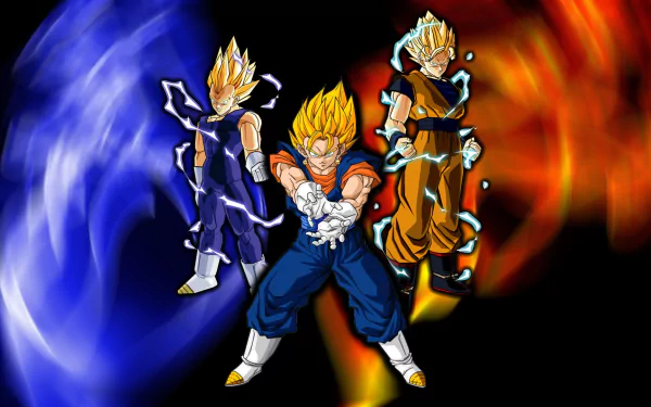 HD PC desktop wallpaper/background for the video game Dragon Ball Z: Budokai 2 — three Super Saiyans with blue and orange energy auras, center fighter firing an energy blast.