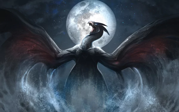 Fantasy-themed HD PC desktop wallpaper depicting a powerful dragon with spread wings emerging from mist against a glowing full moon backdrop.
