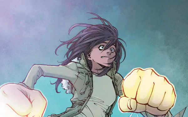 Comic Ms. Marvel HD PC desktop wallpaper: close-up of Ms. Marvel (Kamala Khan) lunging forward with glowing oversized fists against a teal-purple background.