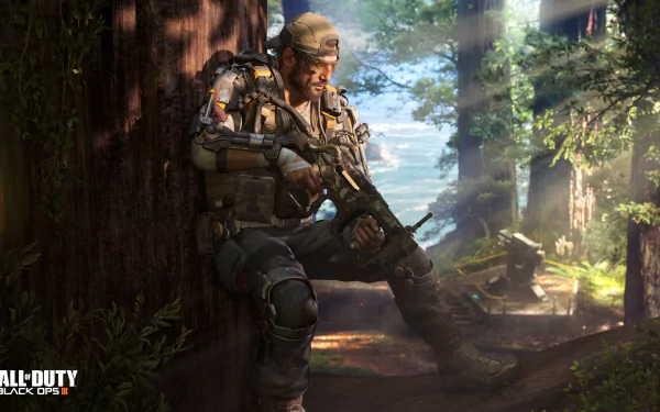 HD desktop wallpaper of a soldier from Call Of Duty: Black Ops III, resting against a tree in a dense, sunlit forest with a futuristic weapon in hand.