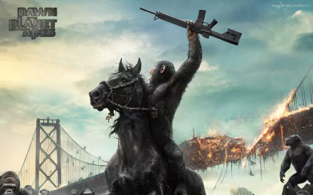 HD PC desktop wallpaper featuring a dramatic scene from the movie Dawn of the Planet of the Apes with an ape holding a rifle on horseback near a burning bridge.