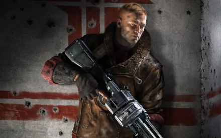 HD PC desktop wallpaper background from the video game Wolfenstein: The New Order — a battle-scarred soldier grips a heavy rifle before a bullet-riddled war flag.