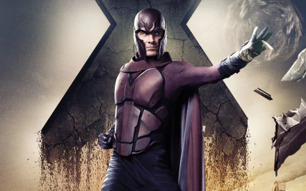 Michael Fassbender as Magneto in a dramatic pose from X-Men: Days of Future Past, featured in an HD PC desktop wallpaper and background.