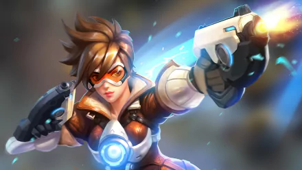 HD desktop wallpaper featuring Tracer, a character from the video game Overwatch, in an action pose with her futuristic weapon drawn and dynamic energy effects in the background.