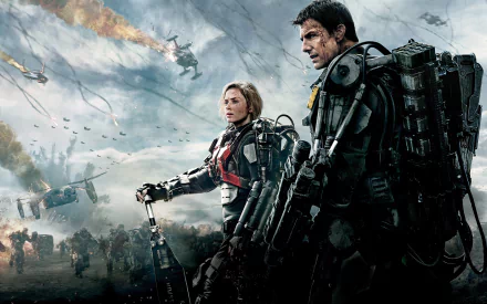 HD wallpaper featuring Tom Cruise and Emily Blunt in a dramatic scene from the movie Edge Of Tomorrow, set against a backdrop of chaos and battle.