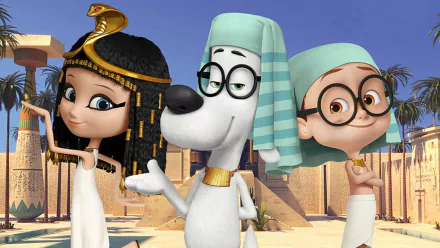 HD PC desktop wallpaper from the movie Mr. Peabody & Sherman: the duo in Egyptian costumes pose with a woman before sunlit pyramids.
