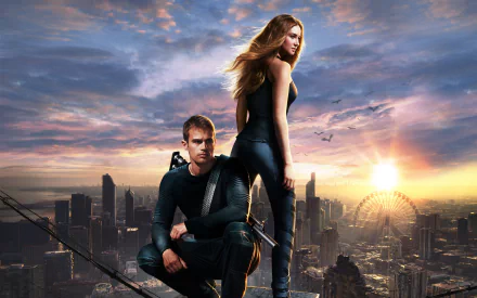 Theo James and Shailene Woodley from the movie Divergent stand against a dramatic skyline at sunset, embodying the film's intense themes and dynamic characters.