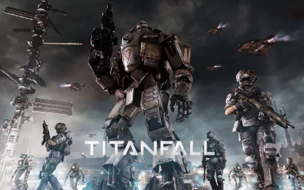 A dramatic HD wallpaper from the video game Titanfall, featuring towering mechs and soldiers in a futuristic battle scene, set against a dynamic, tech-filled background.