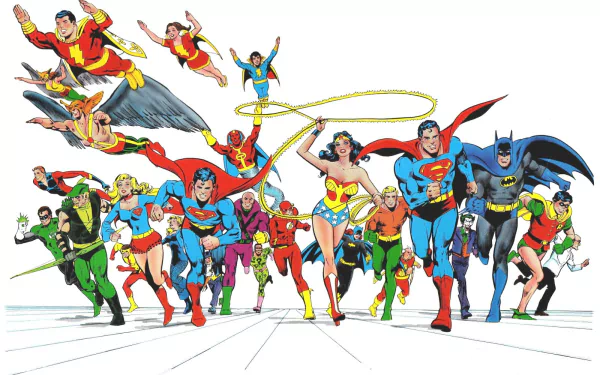 A vibrant HD desktop wallpaper featuring iconic DC Comics superheroes, including Superman, Wonder Woman, and Batman, striking dynamic poses in a colorful, action-packed scene.
