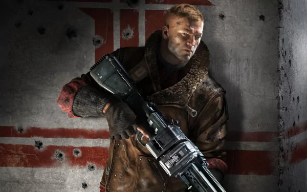 HD PC desktop wallpaper background from the video game Wolfenstein: The New Order — a battle-scarred soldier grips a heavy rifle before a bullet-riddled war flag.