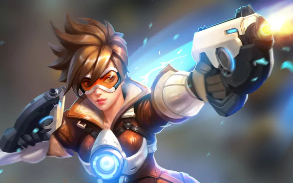 HD desktop wallpaper featuring Tracer, a character from the video game Overwatch, in an action pose with her futuristic weapon drawn and dynamic energy effects in the background.