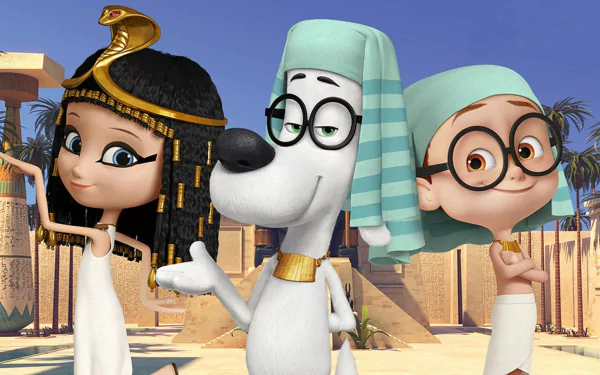 HD PC desktop wallpaper from the movie Mr. Peabody & Sherman: the duo in Egyptian costumes pose with a woman before sunlit pyramids.