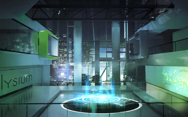 4K Ultra HD PC desktop wallpaper featuring a futuristic, sleek interior scene from the video game Mirror's Edge Catalyst with glowing blue holographic elements.