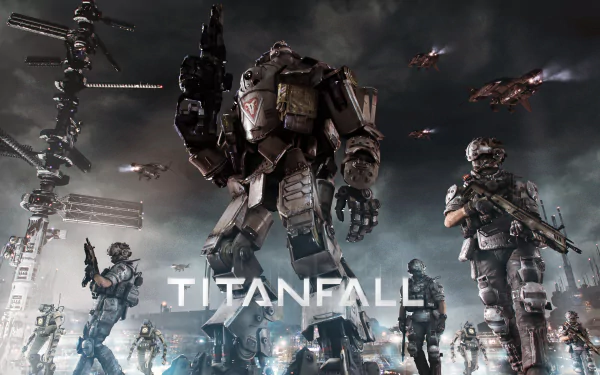 A dramatic HD wallpaper from the video game Titanfall, featuring towering mechs and soldiers in a futuristic battle scene, set against a dynamic, tech-filled background.