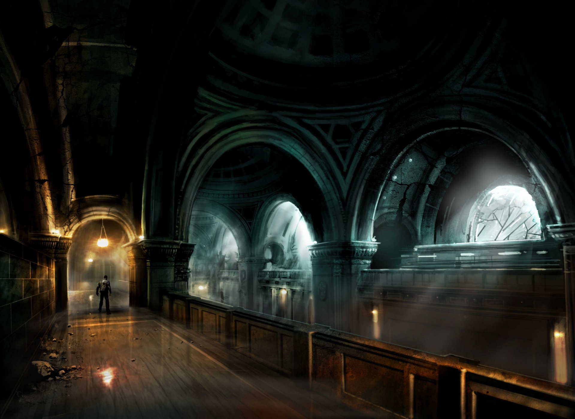A haunting scene from the video game Alone in the Dark, featuring a dark, eerie hallway with gothic architecture, illuminated by soft light, creating a tense atmosphere.